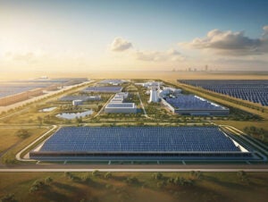 Conceptual aerial of the Amarillo HyperGrid™ showing data-center blocks and large solar fields within the 5,769-acre site; the private-grid campus is planned to integrate AP1000 nuclear units, combined-cycle gas, storage, and utility ties for up to 11 GW. Courtesy: Fermi America.