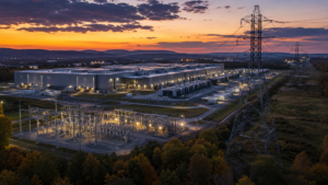 Illustration of a large data center campus beside a substation and high-voltage transmission lines at dusk.